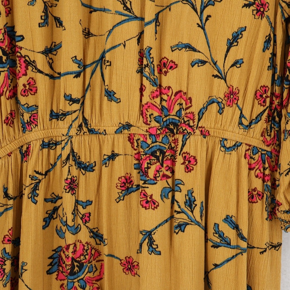 Knox Rose Floral Boho Dress Womens Size L Mustard Yellow Tiered Pockets Peasant - Picture 11 of 13